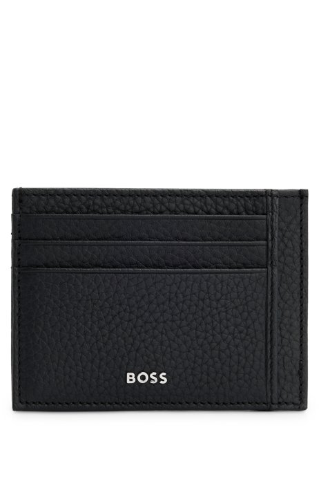 Italian-leather card holder with silver-effect logo, Black