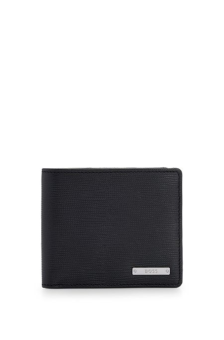 Embossed Italian-leather wallet with logo plate, Black