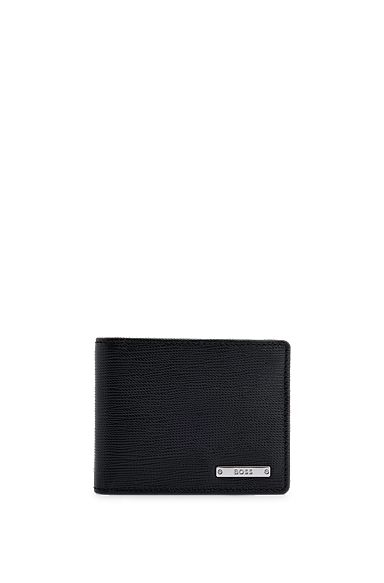 Italian-leather wallet with silver-tone branding, Black