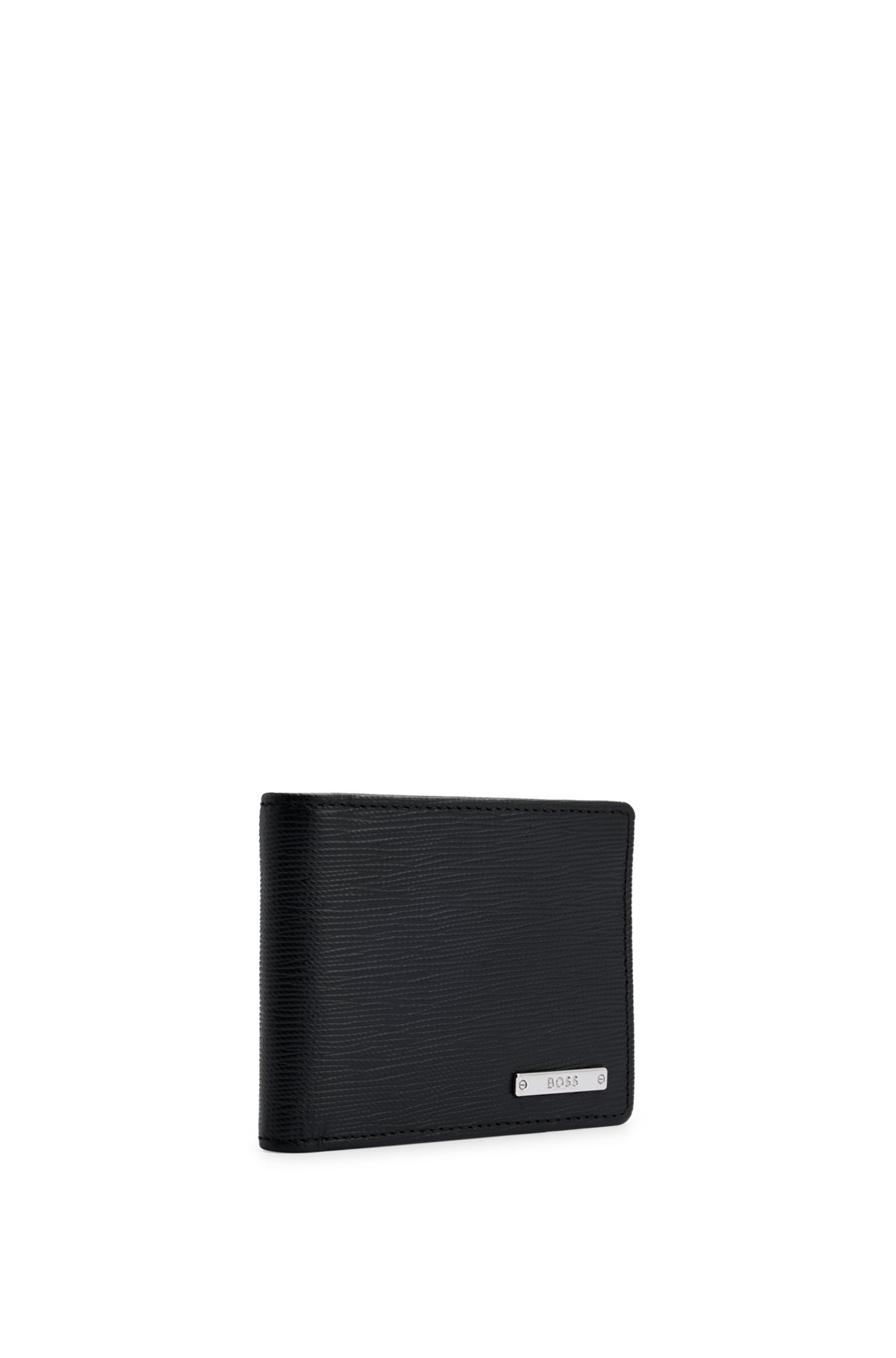 Italian-leather wallet with silver-tone branding, Black