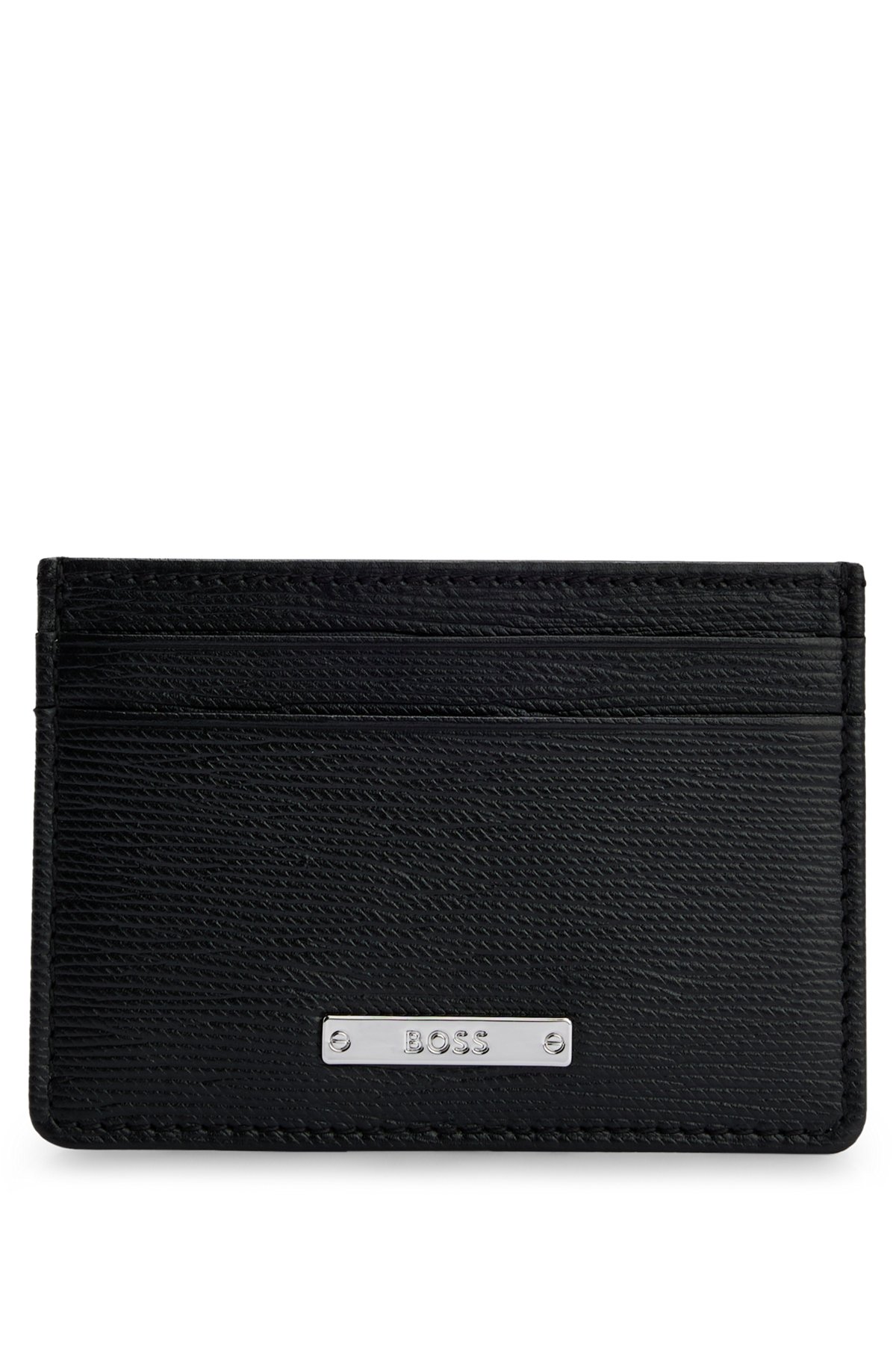 Italian-leather card holder with logo plate, Black