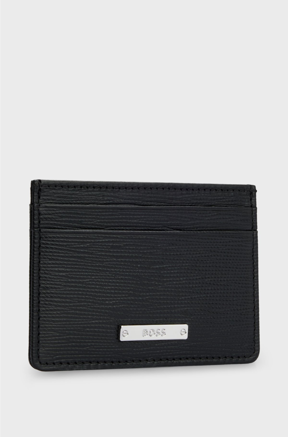 Embossed-leather card holder with logo plaque, Black