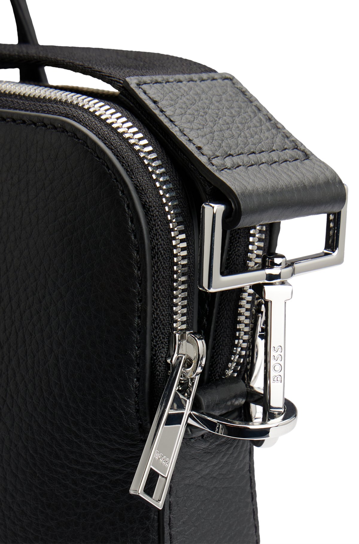 Zipped document case in Italian leather with embossed logo, Black