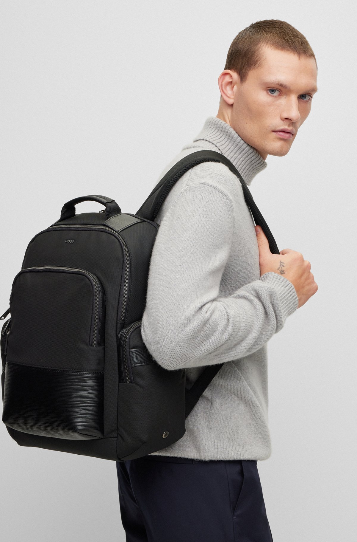 BOSS - Structured-nylon backpack with faux-leather trims