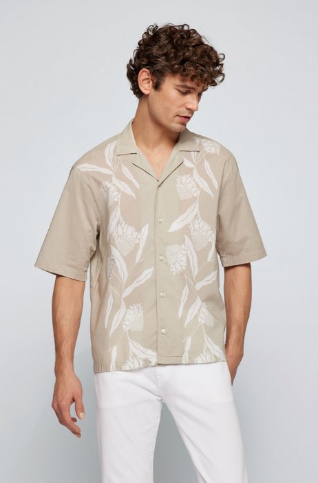 Regular-fit shirt in floral-print cotton voile, Light Beige
