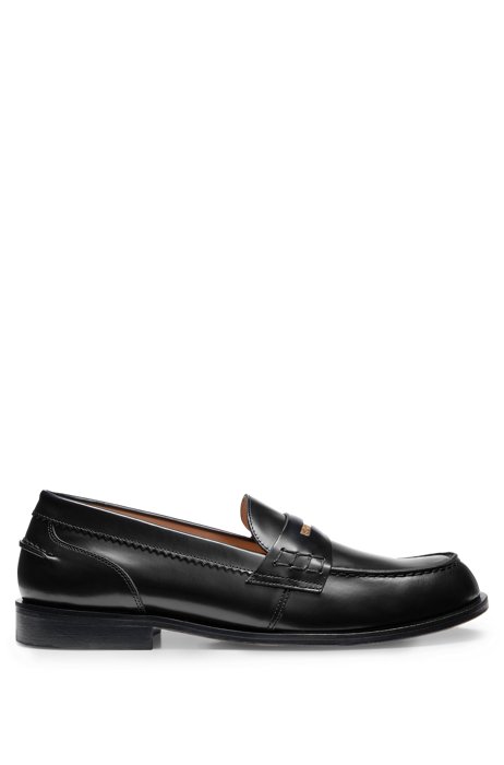 Italian-leather loafers with striped penny trim, Black