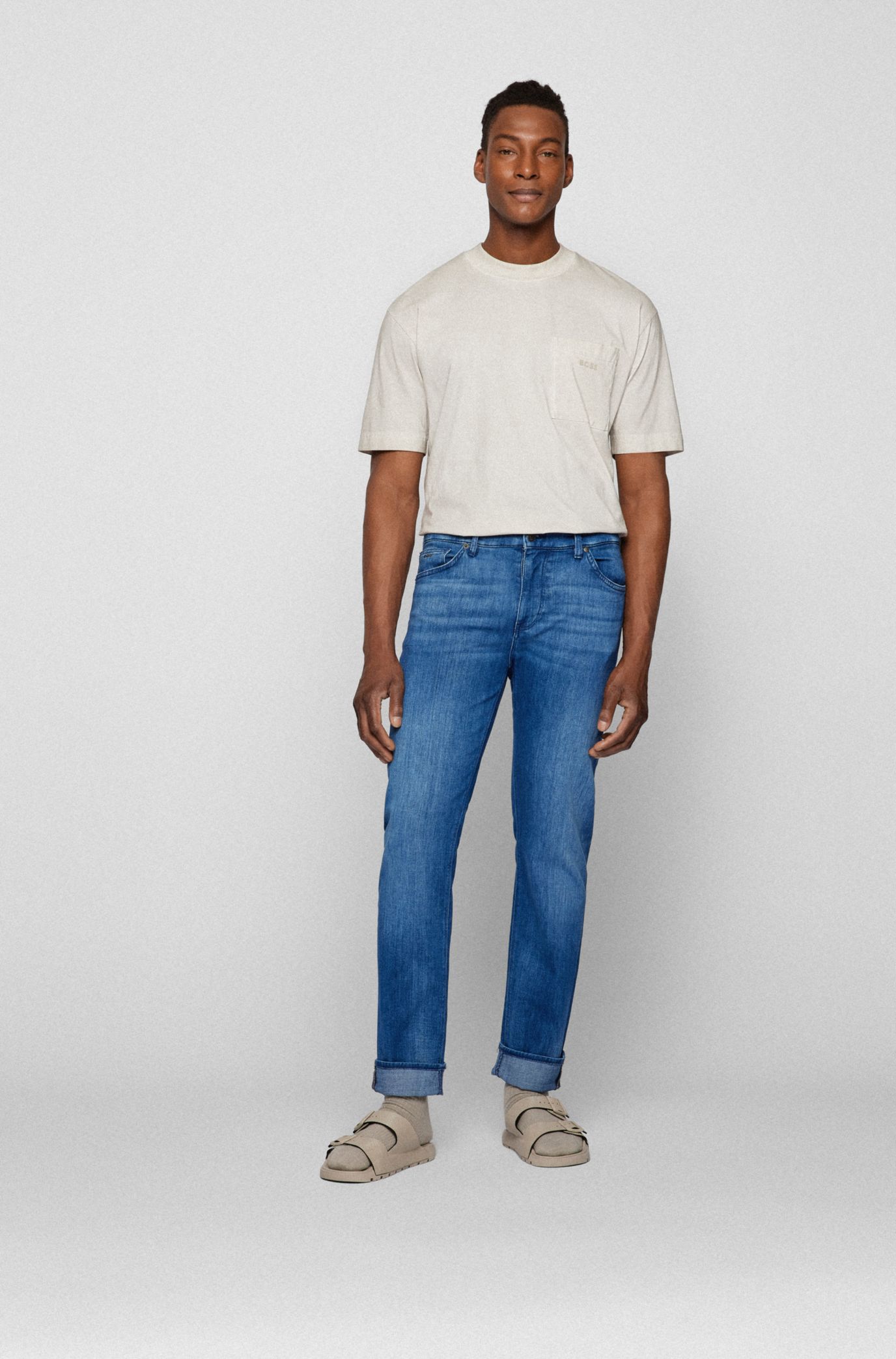 BOSS - Relaxed-fit jeans in beige-tinted blue stretch denim