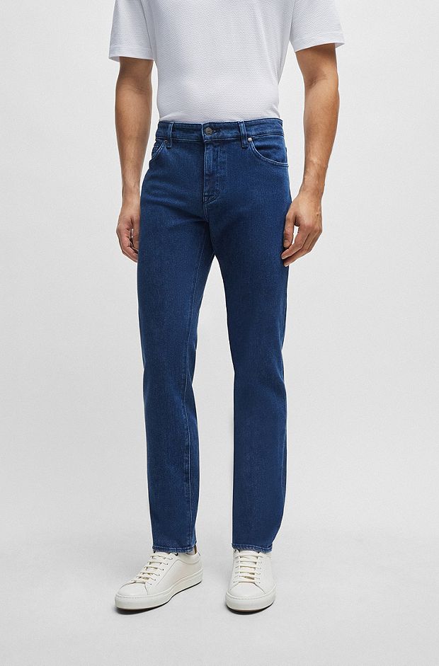 BOSS - Regular-fit biker-style jeans in mid-blue denim