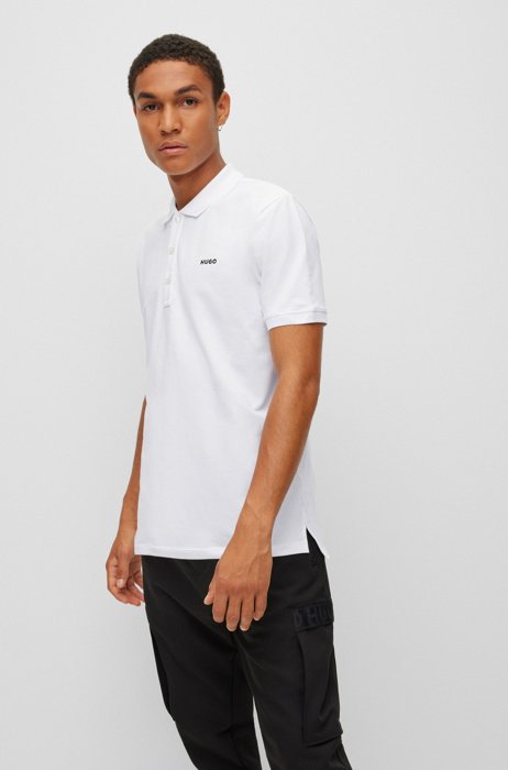 Stretch-cotton polo shirt with contrast logo, White