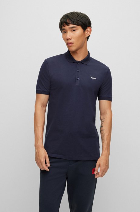 Stretch-cotton polo shirt with contrast logo, Dark Blue