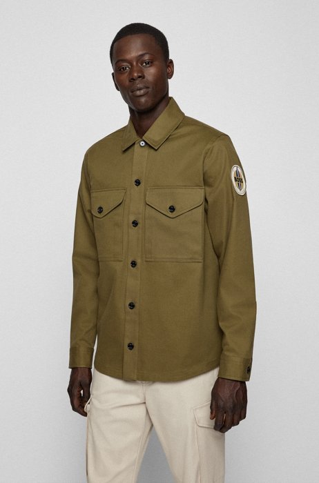 Relaxed-fit overshirt in stretch fabric with logo patch, Khaki