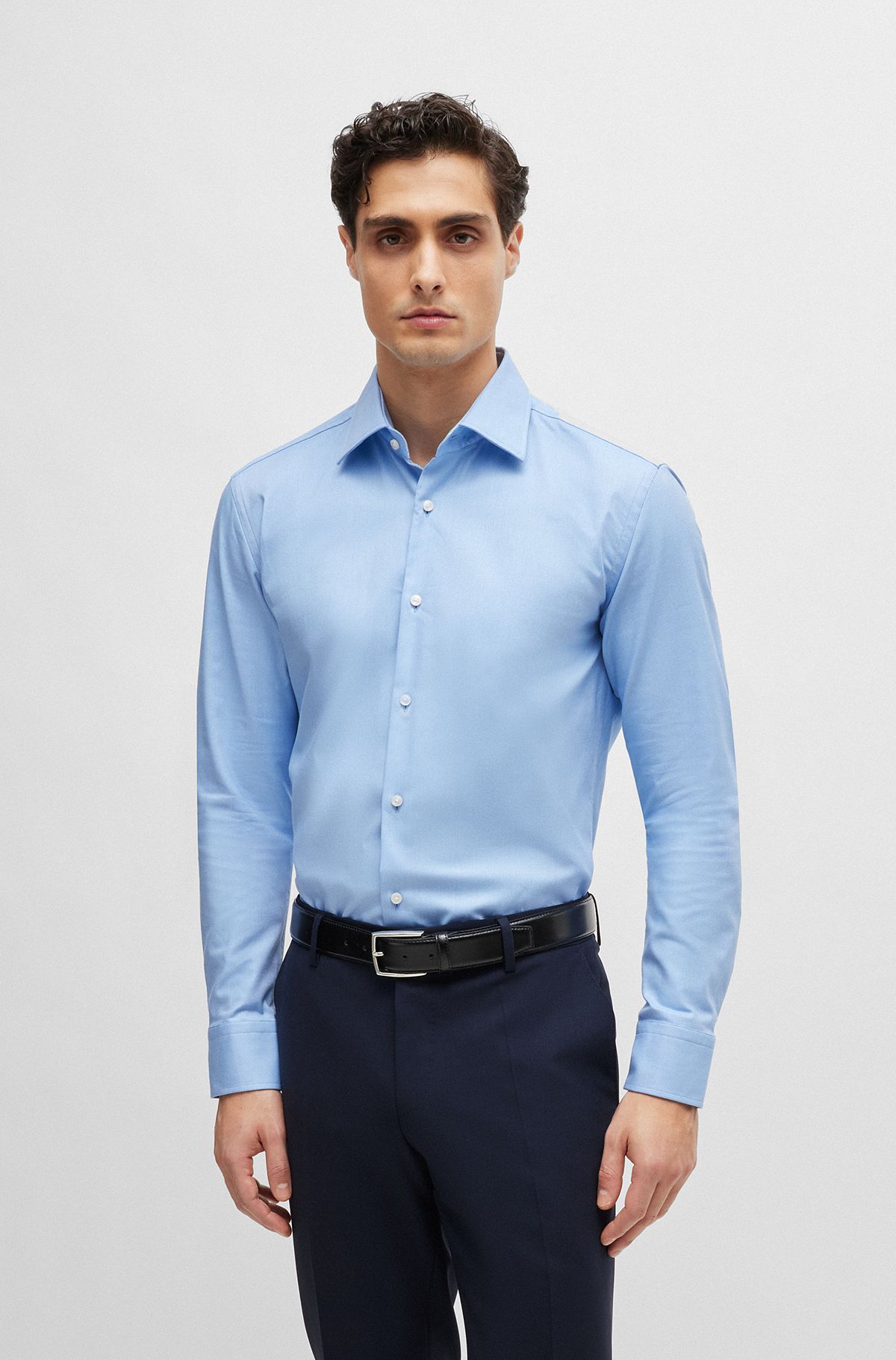 Slim-fit shirt in easy-iron stretch-cotton twill, Light Blue