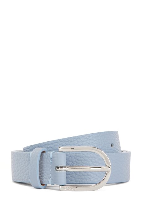 Grained Italian-leather belt with rounded buckle, Light Blue