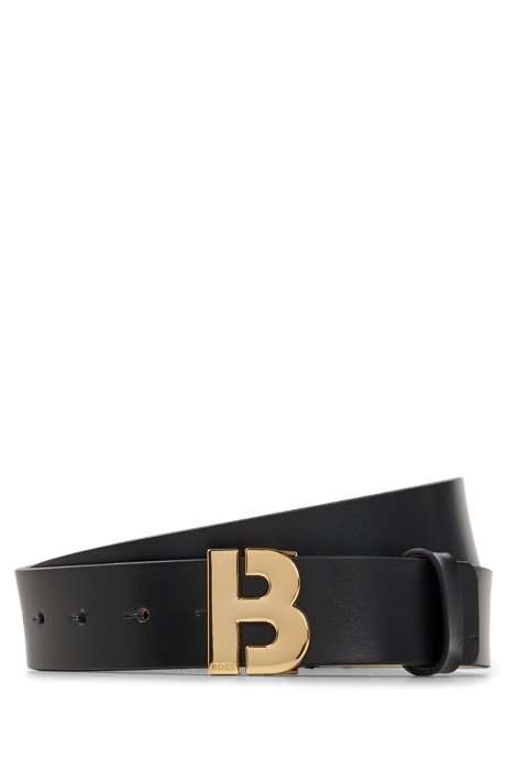 Unisex Italian-leather belt with logo buckle, Black