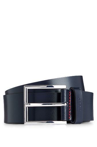 Leather belt with logo-stamped keeper, Dark Blue