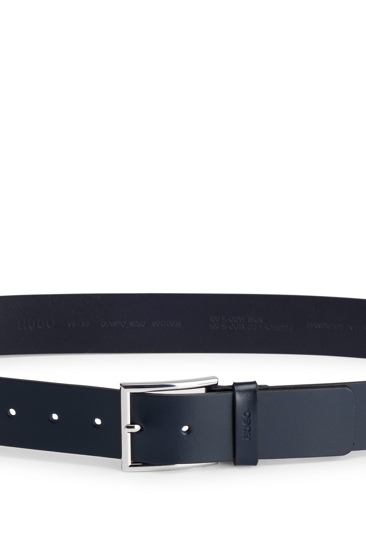Cinturón de piel con logo grabado en la trabilla, Azul oscuro