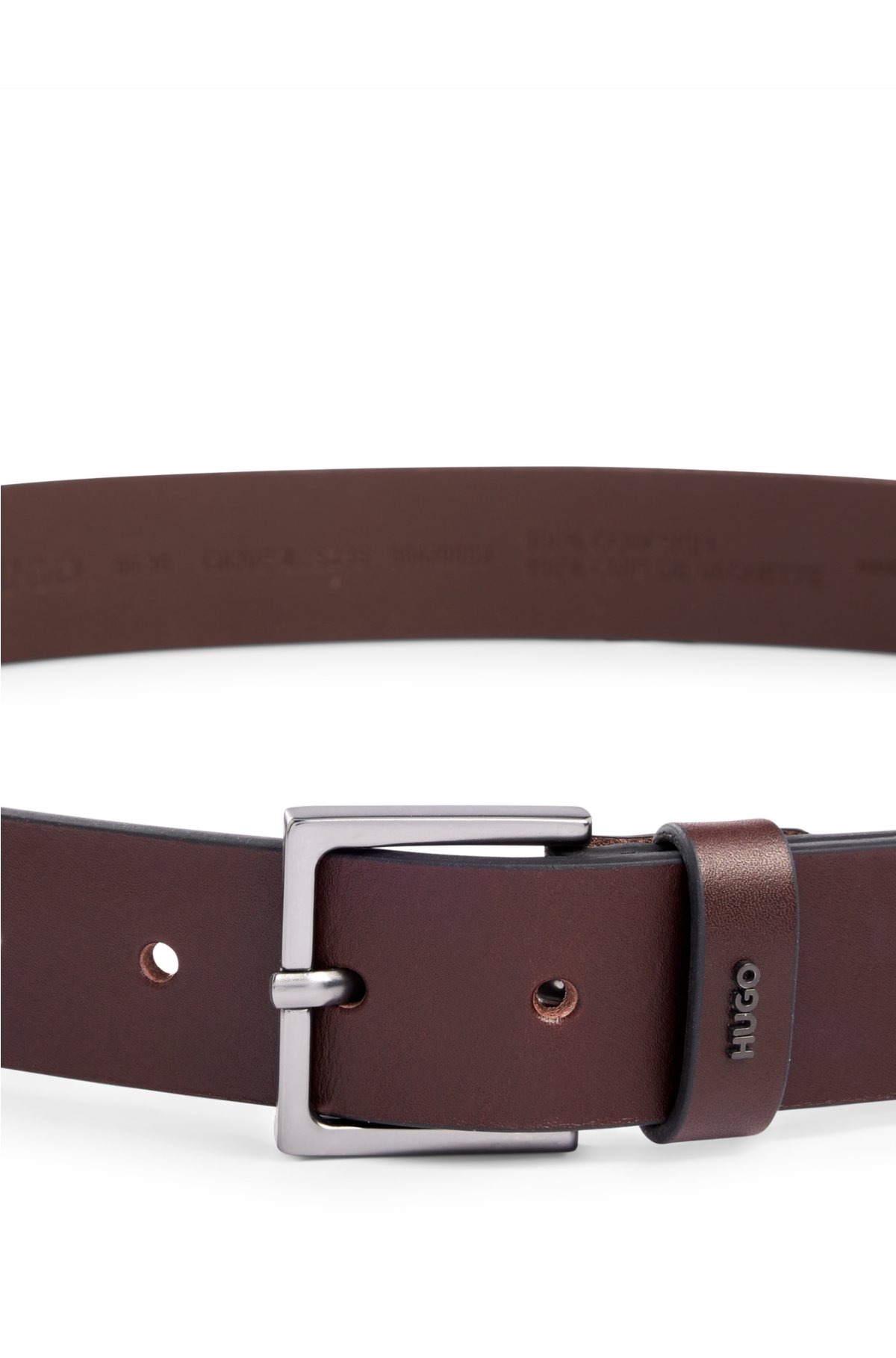 Leather belt with logo-lettering keeper, Dark Brown