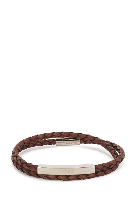 Double-wrap braided-leather cuff with logo hardware, Brown