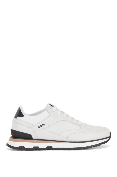 Italian-made trainers in leather with structured nylon, White