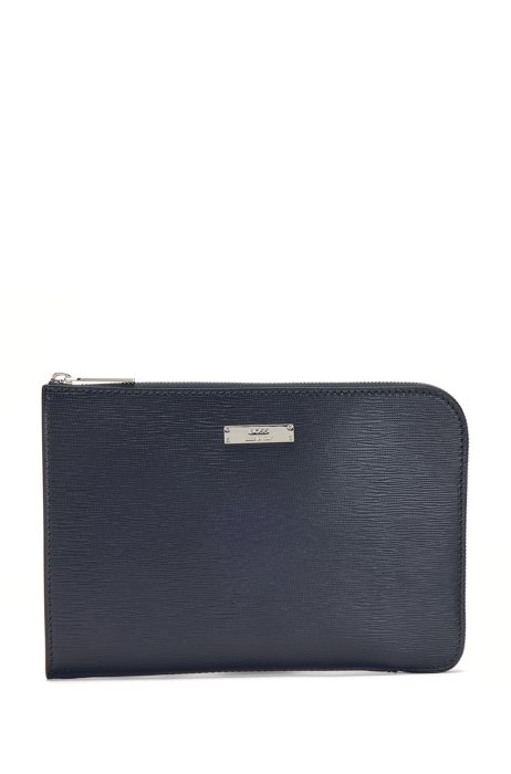 Embossed Italian-leather portfolio case with logo plate, Dark Blue