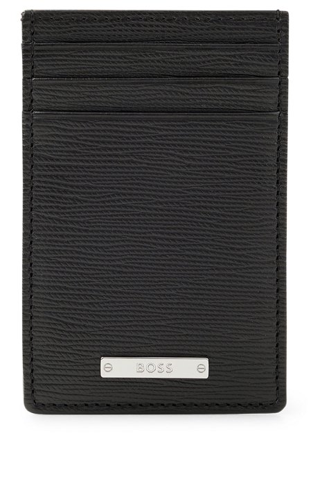 Embossed-leather card holder with logo plate, Black