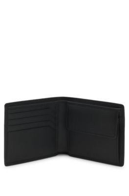 Portafoglio pieghevole in pelle martellata con logo goffrato, Nero