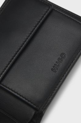 Grained-leather folding wallet with embossed logo, Black