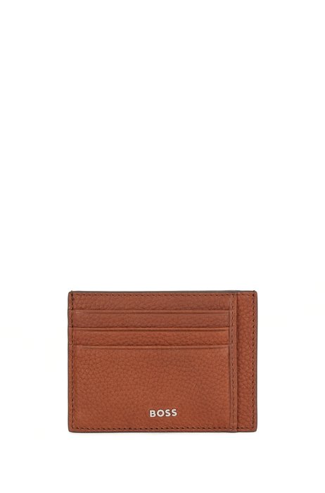 Italian-leather card holder with polished logo, Light Brown