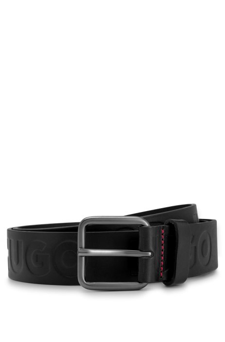 Italian-leather belt with embossed logos, Black