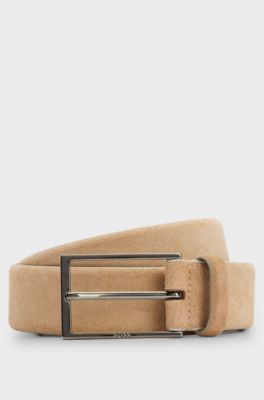 Suede belt with logo and gunmetal buckle, Beige