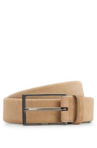 Ceinture en cuir suédé avec logo et boucle couleur acier, Beige