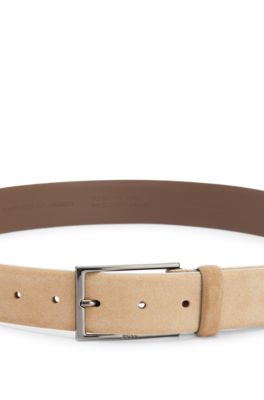 Suede belt with logo and gunmetal buckle, Beige