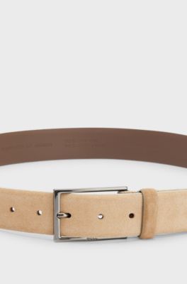 Suede belt with logo and gunmetal buckle, Beige