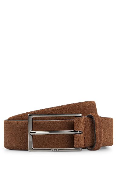 Suede belt with logo and gunmetal buckle, Brown