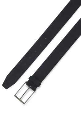 Cintura in pelle scamosciata con logo e fibbia color canna di fucile, Blu scuro