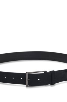 Cintura in pelle scamosciata con logo e fibbia color canna di fucile, Blu scuro