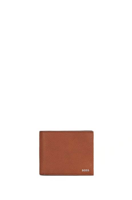 Italian-leather wallet with silver-hardware logo, Brown