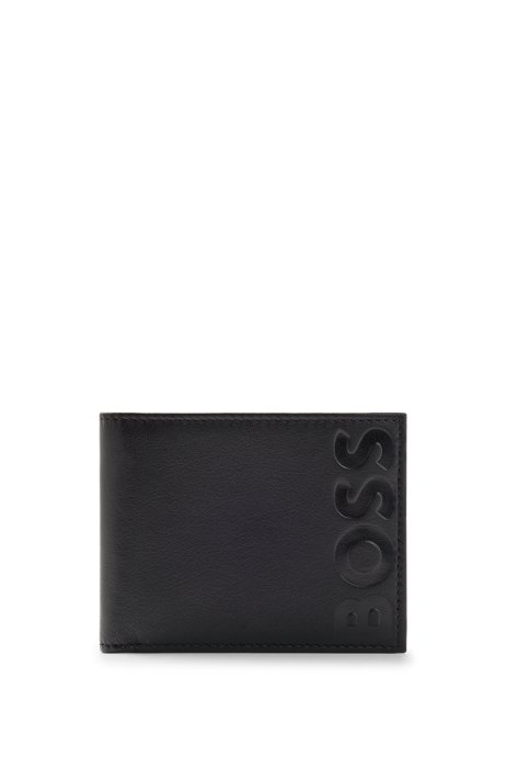 Grained-leather wallet with embossed logo and matte finish, Black