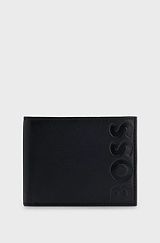Grained-leather wallet with embossed logo, Black