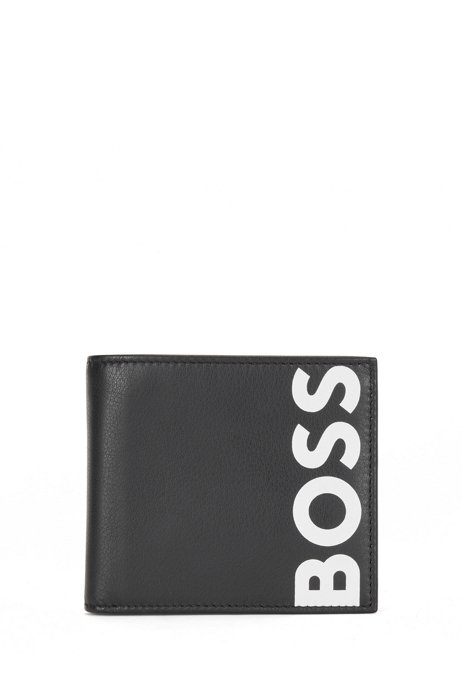 Grained-leather wallet with matte finish and contrast logo, Black