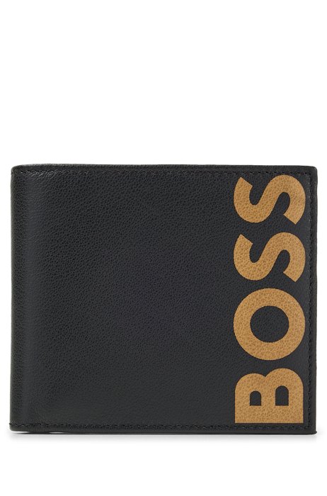 Geldbörse aus genarbtem Leder mit mattem Finish und Kontrast-Logo, Schwarz
