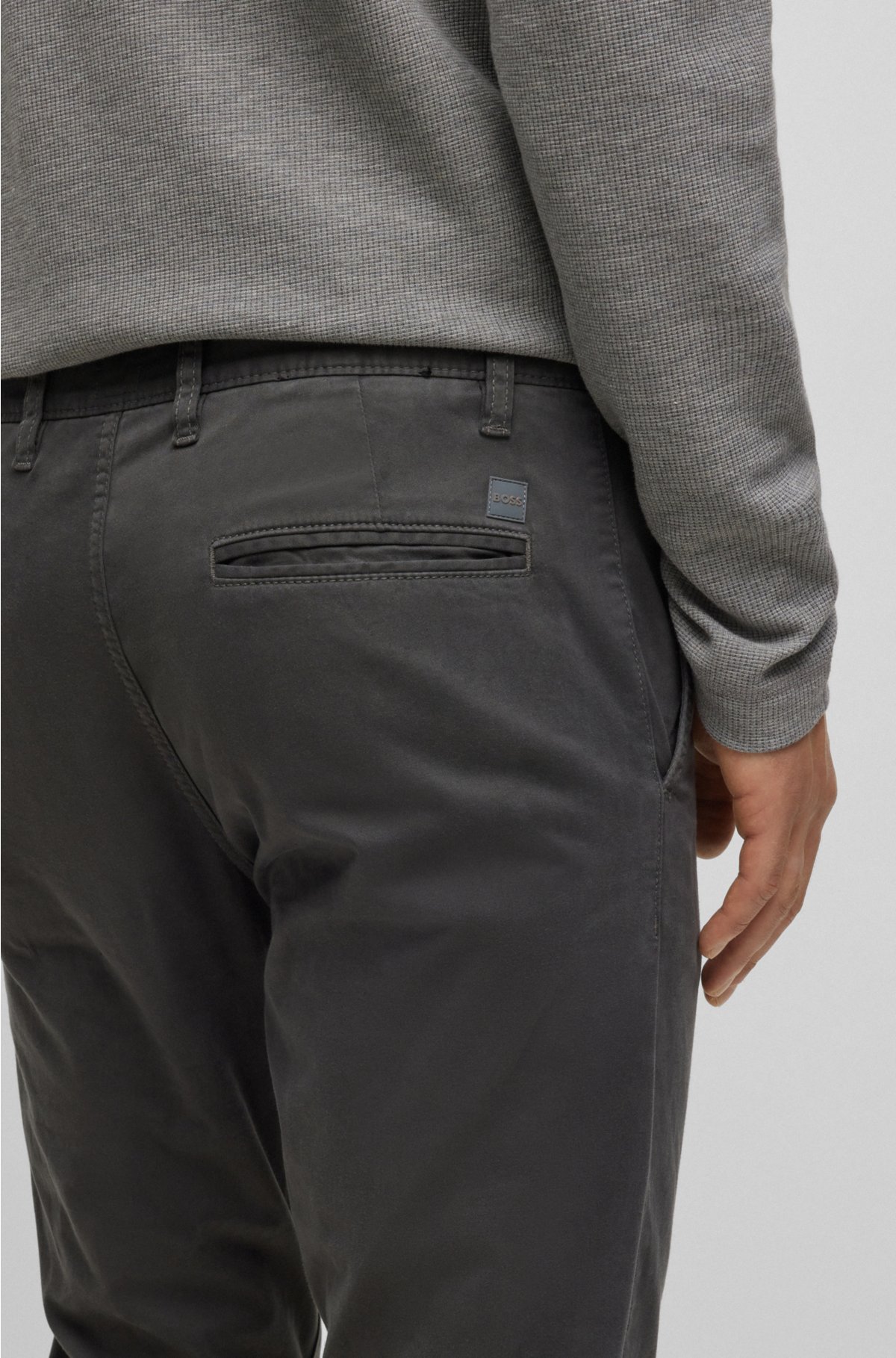 Tapered-fit trousers in stretch-cotton satin, Dark Grey