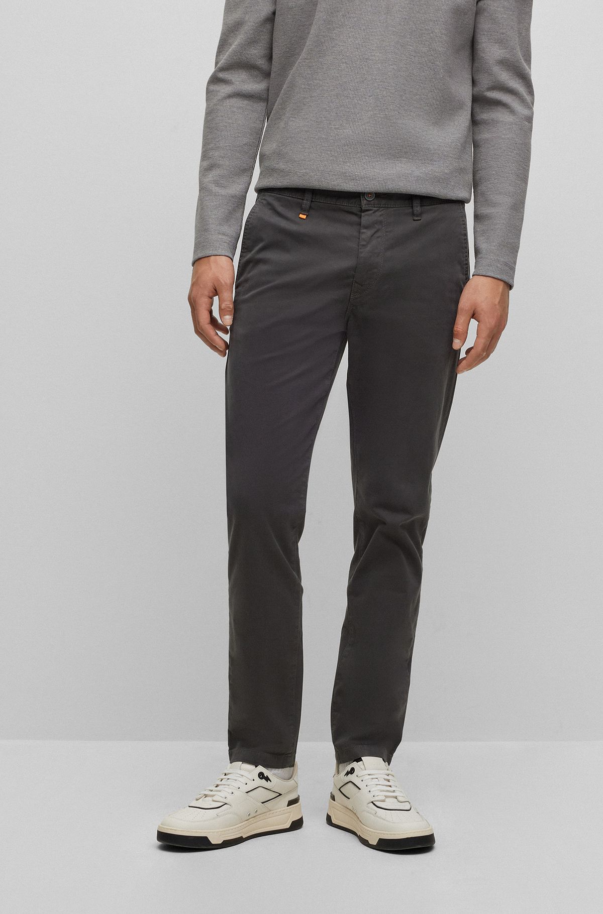 Tapered-fit trousers in stretch-cotton satin, Dark Grey