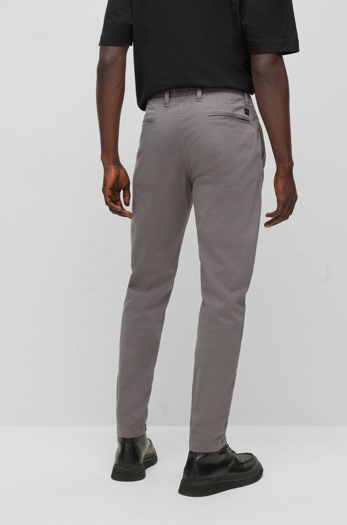 Tapered-fit chinos in overdyed stretch-cotton satin, Dark Grey