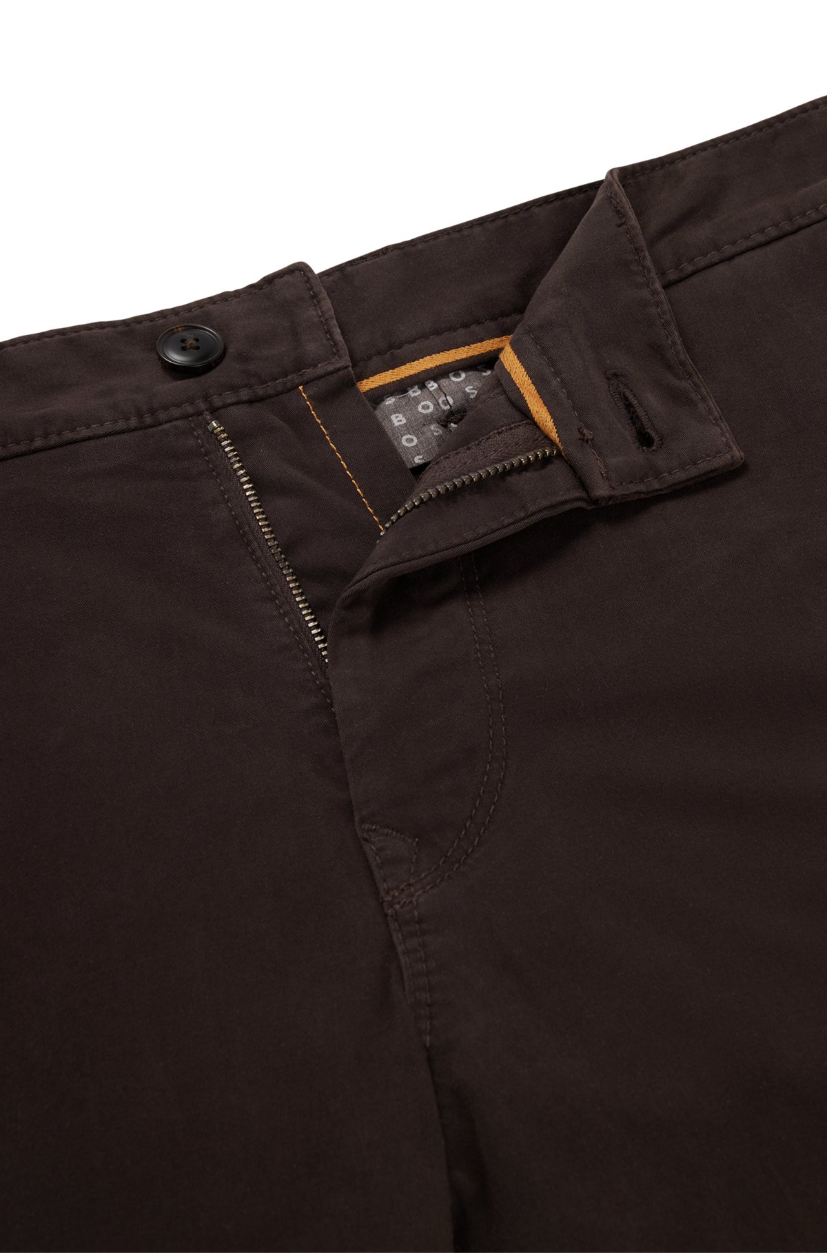 Tapered-fit chinos in overdyed stretch-cotton satin, Dark Brown