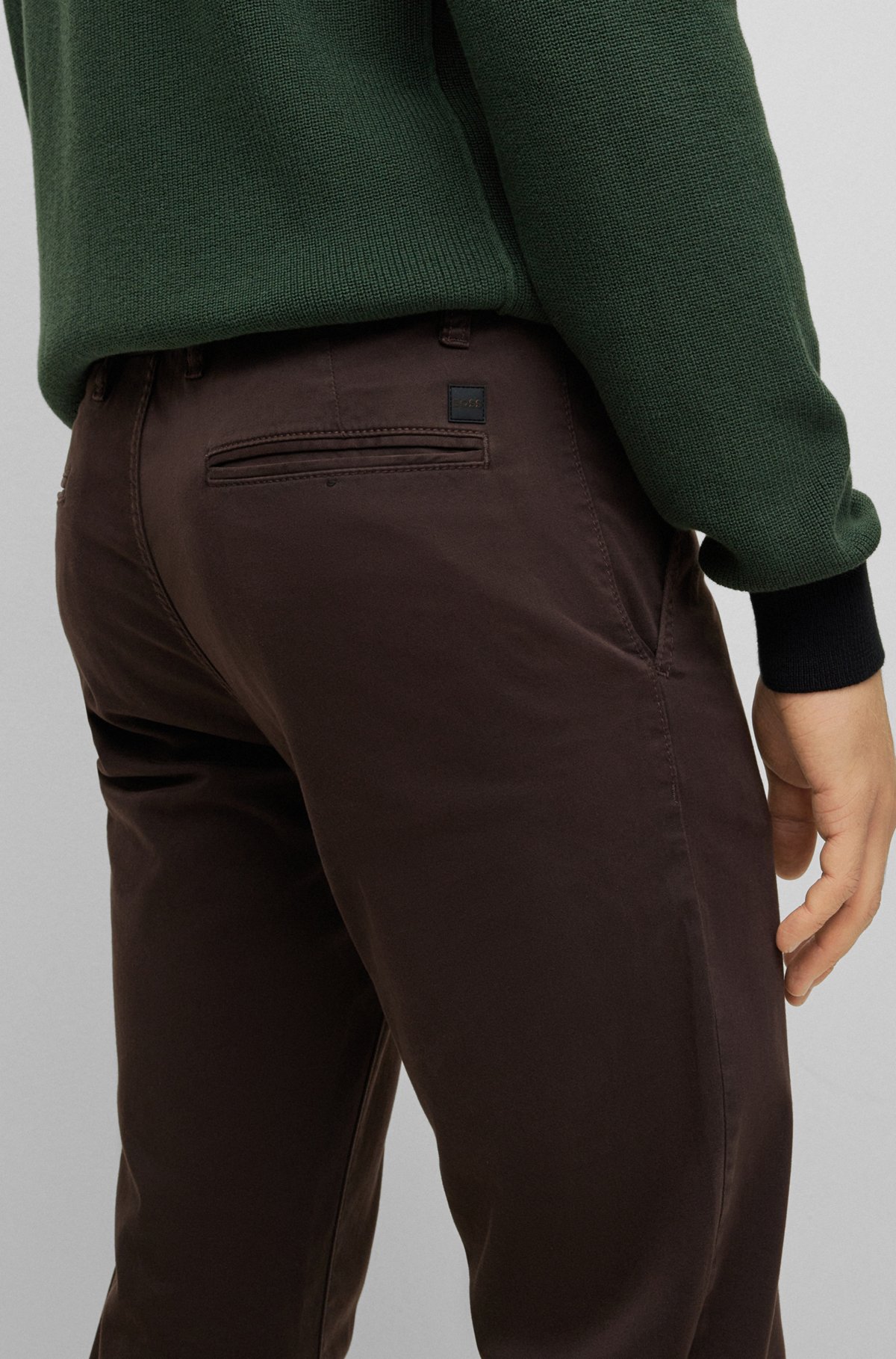 Tapered-fit chinos in overdyed stretch-cotton satin, Dark Brown