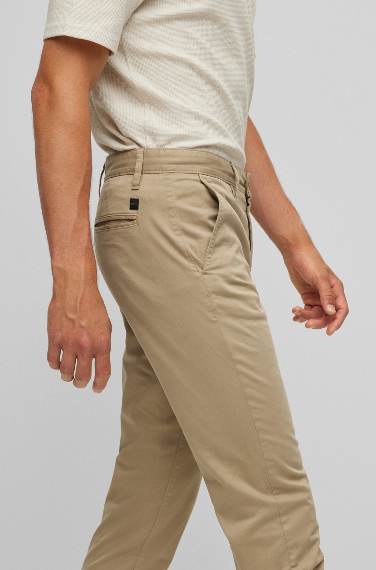 Tapered-fit chinos in overdyed stretch-cotton satin, Light Brown
