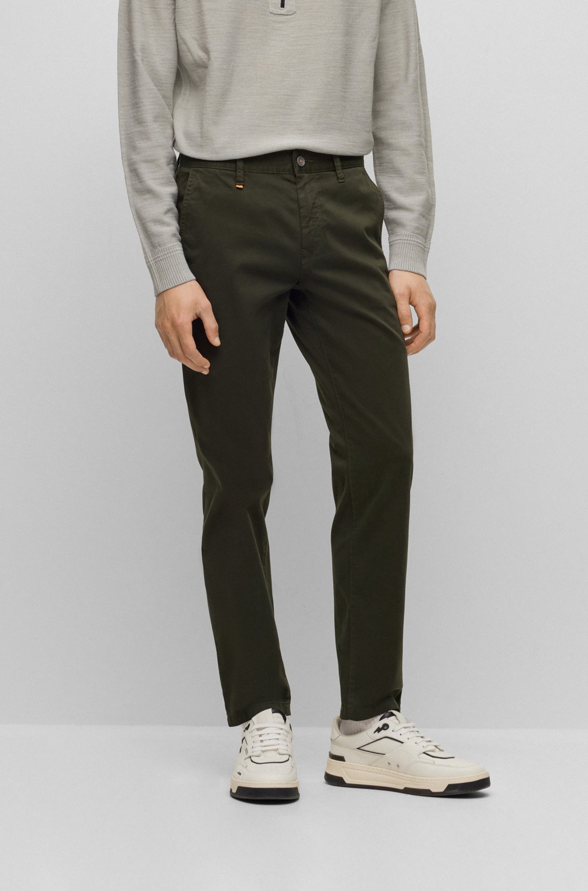 Tapered-fit chinos in overdyed stretch-cotton satin, Dark Green