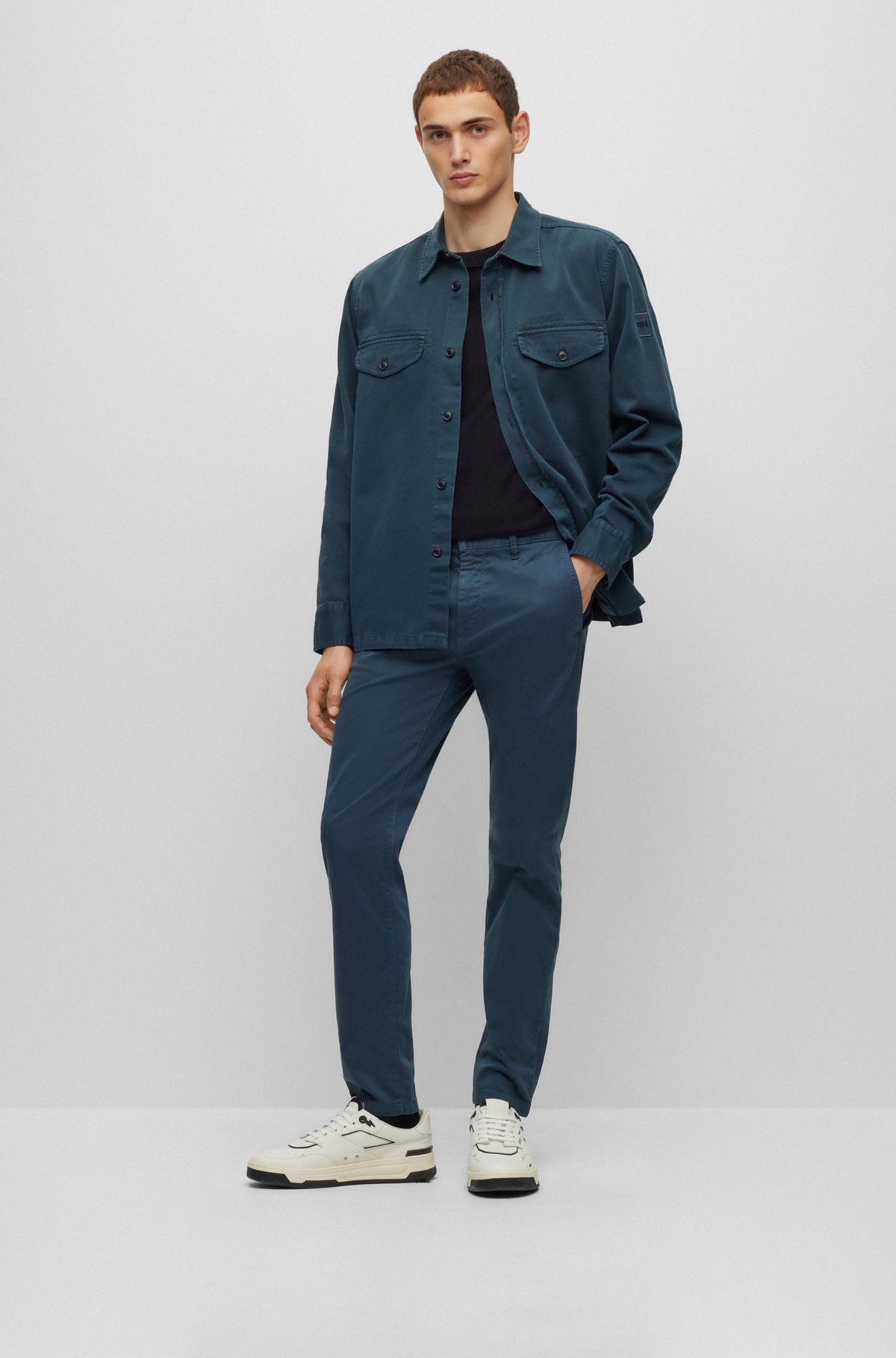 Tapered-fit chinos in overdyed stretch-cotton satin, Dark Blue
