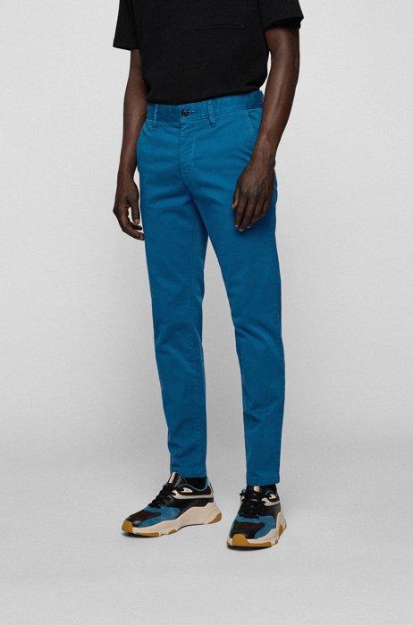 Tapered-fit chinos in overdyed stretch-cotton satin, Blue
